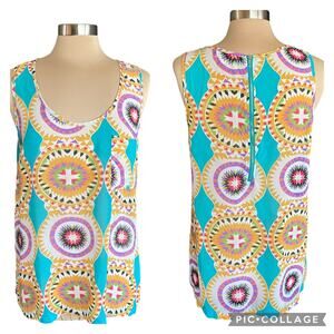 Umgee Sheer Chiffon Geometric Print Top Sleeveless LARGE Retro Mod Artsy